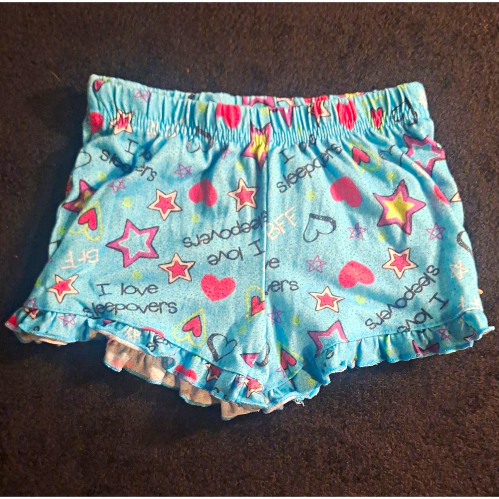 Girls Fleece Sleep Shorts XS Blue Hearts & Stars Elastic Waist Flame Resistant